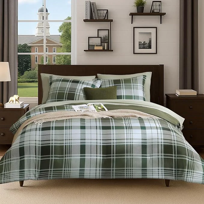 Practical MaiRêve Full Size Comforter Set Olive Green Plaid Design Comforter Set 7 Pieces All Season Comfortable Bedding Sets Full Lightweight Soft and Warm Olive Green Full Fine