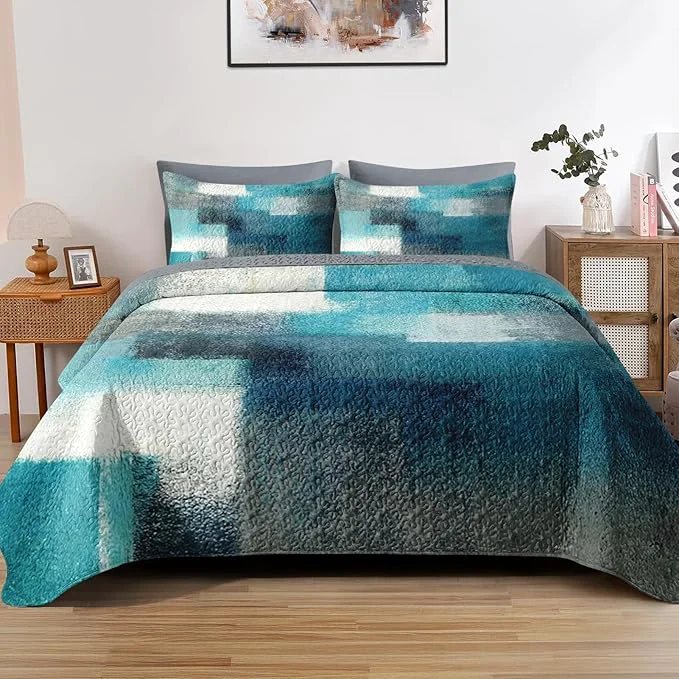 Authentic Quilt Set King Size Turquoise Grey Painting 3 Pcs Soft Bed Cover Bedding Set for Kids and Adults Teal Contemporary Gray Lightweight Bedspread Coverlet with Pillow Sham for All Season Refined