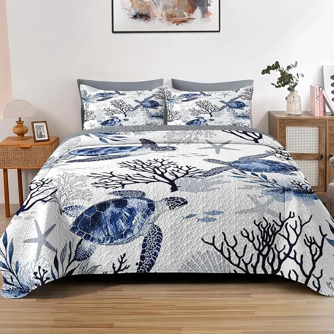 Optimized Quilt Set King Size Ocean Sea Coral 3 Pcs Soft Bed Cover Bedding Set for Kids and Adults Blue Animal Turtle Lightweight Bedspread Coverlet with Pillow Sham for All Season Dependable