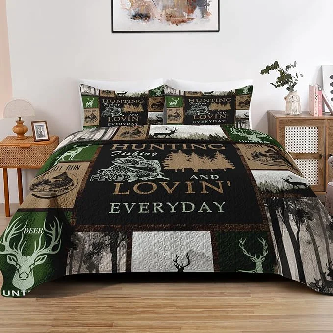 Trusted Quilt Set Full Queen Size Cabin Deer Animal Tree 3 Pcs Soft Bed Cover Bedding Set for Kids and Adults Rustic Mountains Gray Lightweight Bedspread Coverlet with Pillow Sham for All Season World-Class