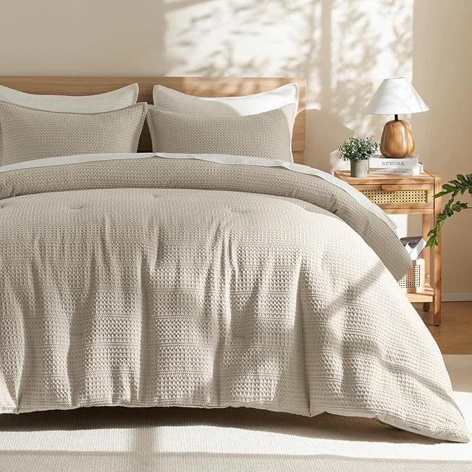 Prestigious PHF Soft Waffle Comforter Set Twin Size- Comfy Breathable Waffle Weave Comforter with 1 Pillow Shams 2 Pieces Less Snagging Lightweight Textured Bedding Set for All Season Natural Linen Long-Lasting