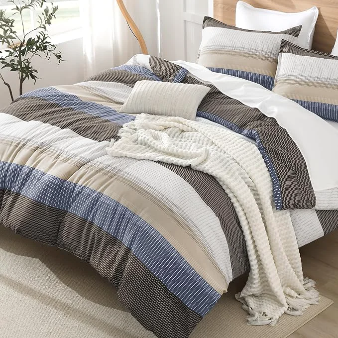 Crafted Litanika King Comforter Set Blue Brown – 3 Pieces Lightweight Fluffy Bedding Comforter Sets All Season Down Comforter 1 Comforter 2 Pillowcases Modern