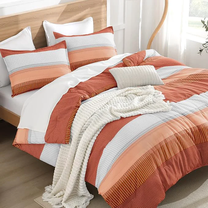 Green Litanika Burnt Orange Comforter Sets for Queen Bed 3 Pieces Boho Terracotta Stripe Colorblock Bedding Comforter Set Rust Fluffy Bed Set 90x90In Comforter 2 Pillowcases High-End