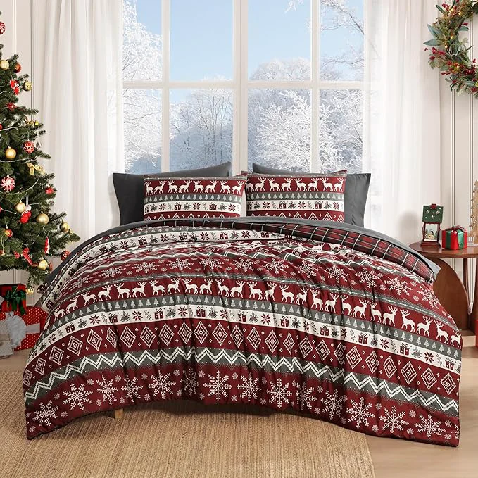 Smart MaiRêve Christmas Full Comforter Sets Red Reindeer Snowflake Bed Set for Holiday Reversible Plaid Checkered Comforter Bed in a Bag Soft Bedding Set 7 Pieces with Sheets Pillowcases amp Shams Classic