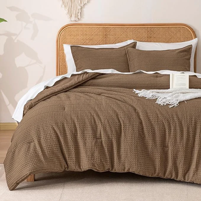 Minimalist PHF Soft Waffle Comforter Set King Size- Comfy Breathable Waffle Weave Comforter with 2 Pillow Shams 3 Pieces Less Snagging Lightweight Textured Bedding Set for All Season Mocha Environmentally Friendly