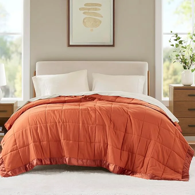 Secure Madison Park King Blanket Quilted Microfiber Satin Binding 3M Scotchgard Moisture Wicking Treatment Soft and Lightweight Summer Blanket for Couch Windom King Orange Clean