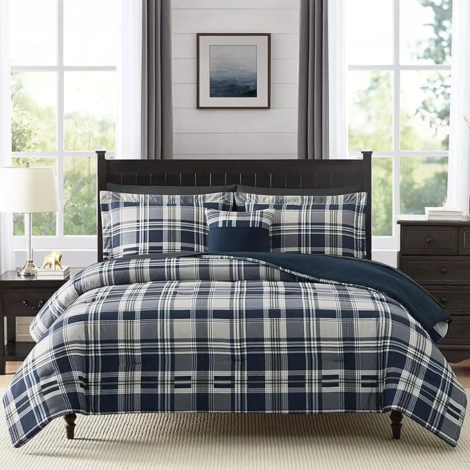 Trendy MaiRêve Queen Size Comforter Set Navy Blue Classic Plaid Farmhouse 7 Pieces Bedding Set All Season Lightweight Bed in a Bag with Sheets Pillowcases amp Shams Pure