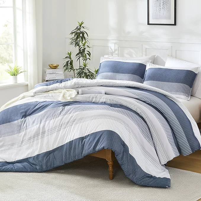 Refined Litanika Mineral Blue California King Comforter Set – 3 Pieces Cal King Oversized Lightweight Summer Colorblock Stripe Bedding Set 104x96In 2 Pillowcases Artisan