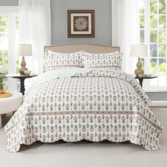 Optimized Travan 3-Piece Quilt Set Quilted Bedspread Lightweight Coverlet Set Garden Style Floral Printed Oversized Quilted Bedding Set for All Season Orange Mirror Queen Size World-Class