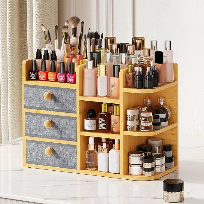 Elegant Large Makeup Organizer For Vanity Large Capacity 3 Tiers Bamboo Bathroom Comfortable