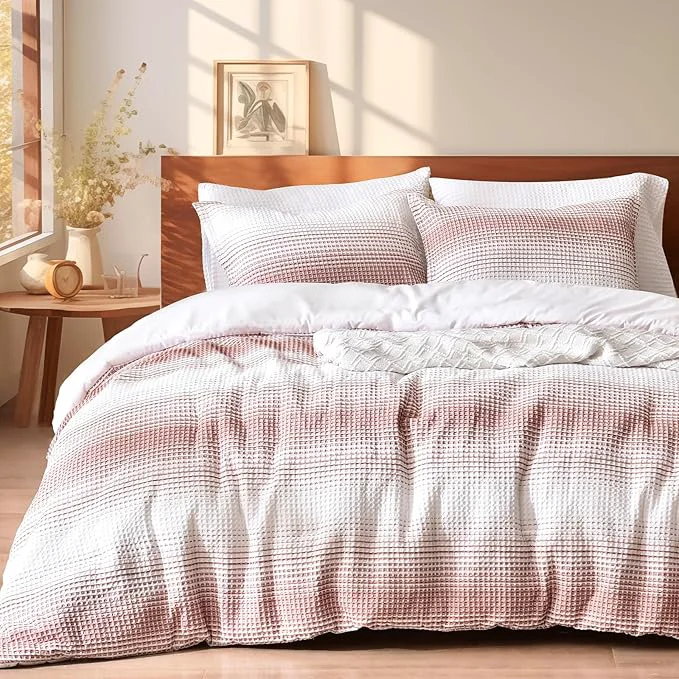 Sophisticated PHF Ultra Soft Yarn Dyed Waffle Weave Comforter Set King Size 3 Pieces Lightweight Breathable Comfy Bedding Set Comfy Textured 1 Comforter with 2 Pillow Shams White and Brick Traditional
