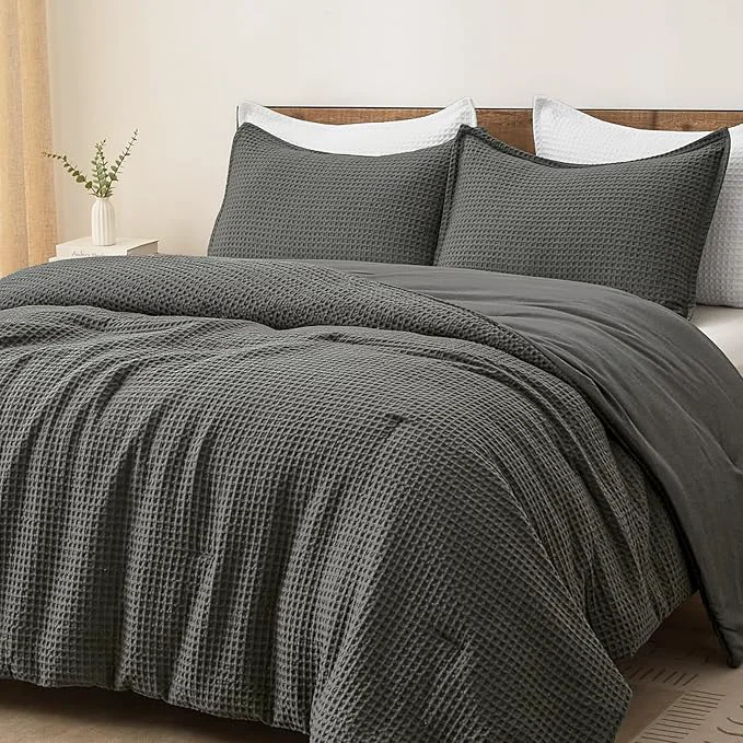 Professional PHF Ultra Soft Waffle Weave Comforter Set King Size 3 Pieces Lightweight Breathable Comfy Bedding Set Comfy Textured 1 Comforter with 2 Pillow Shams Grey Versatile