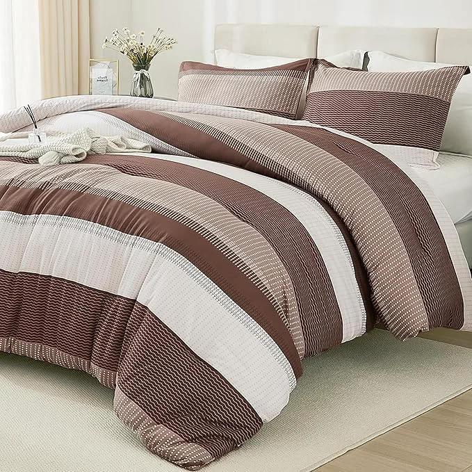 Selected Litanika Brown Comforter Set King – 3 Pieces Lightweight Brown White Colorblock Stripe Fluffy Bedding Comforter Sets All Season Bed Set Excellent