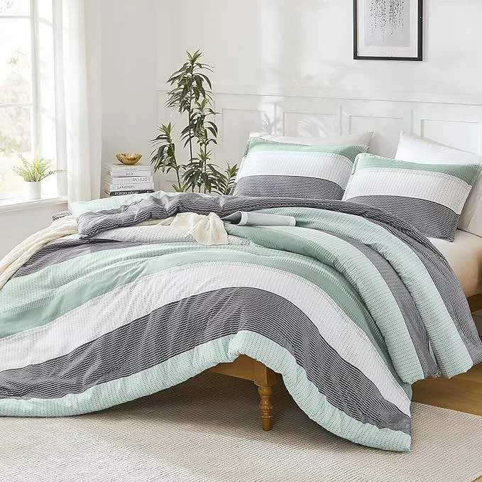 Enhanced Litanika Oversized King Comforter Set Sage Green 120×98-3 Pieces Lightweight Green White Colorblock Stripe Fluffy Bedding Comforter Sets All Season Bed Set Advanced