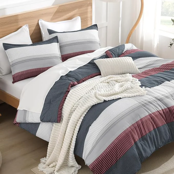 Casual Litanika Comforter Set Queen Size Red Blue – 3 Pieces Lightweight Colorblock Stripe Fluffy Bedding Comforter Sets All Season Bed Set Selected