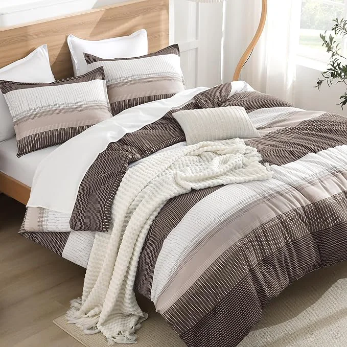 Outstanding Litanika Comforter Set King Size Chocolate – 3 Pieces Lightweight Colorblock Stripe Fluffy Bedding Comforter Sets All Season Bed Set Consistent