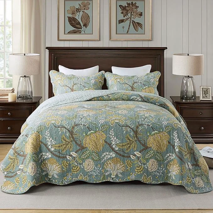 Versatile Travan 3-Piece Quilt Set Quilted Bedspread Cotton Coverlet Set Floral Printed Oversized Quilted Bedding Set with Shams for All Season Green Vine King Size Long-Lasting