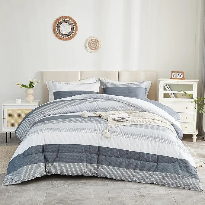 Environmentally Friendly Litanika Comforter Full Size Bed Set Light Grey – 3 Pieces Lightweight Gray White Colorblock Stripe Fluffy Bedding Comforter Sets All Season Bed Set Refined