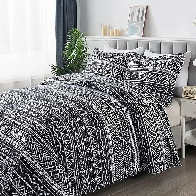 Carefully Designed Travan 3-Piece King Quilt Set Striped Pattern Microfiber Soft Lightweight Bedding Set with Shams for All Season Black Strips King Size Modern