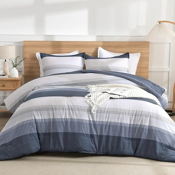 Sustainable Litanika Oversized Queen Comforter Set Black Blue 98×98-3 Pieces Lightweight Colorblock Stripe Fluffy Bedding Comforter Sets All Season Bed Set Recyclable