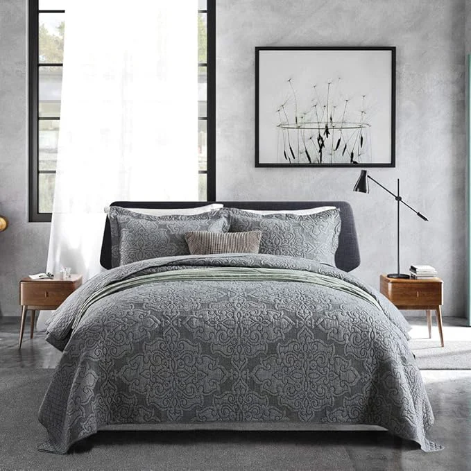 Organic Travan 3-Piece King Quilt Set Quilted Bedspread Oversized Microfiber Lightweight Bedspread Coverlet Set with Shams Bedding Set for All Season Grey King Sustainable
