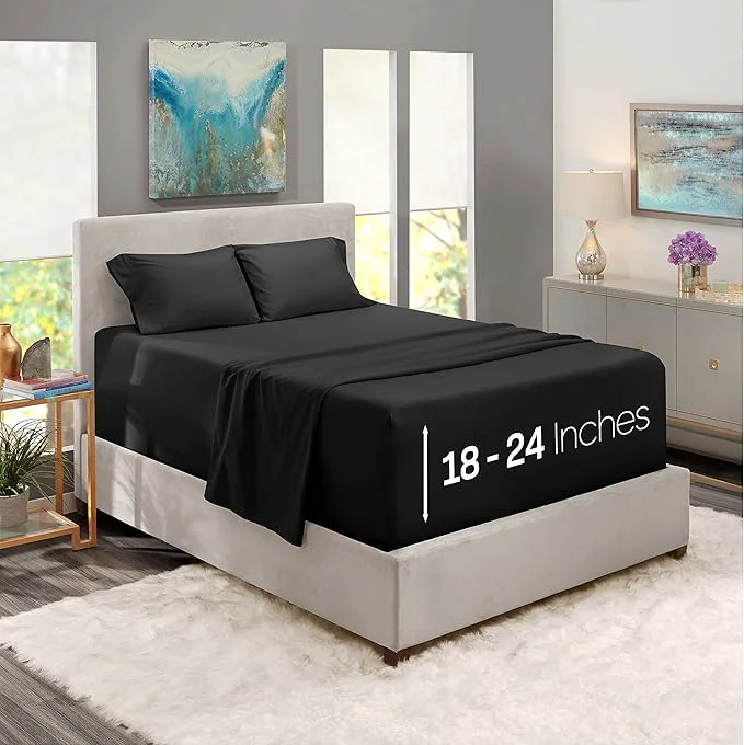 Fashionable Nestl Twin XL Size Sheet Set 4 Piece Extra Deep Pocket 18-24 inches Microfiber Hotel Luxury Soft Breathable Wrinkle- Easy to Care Black Flexible