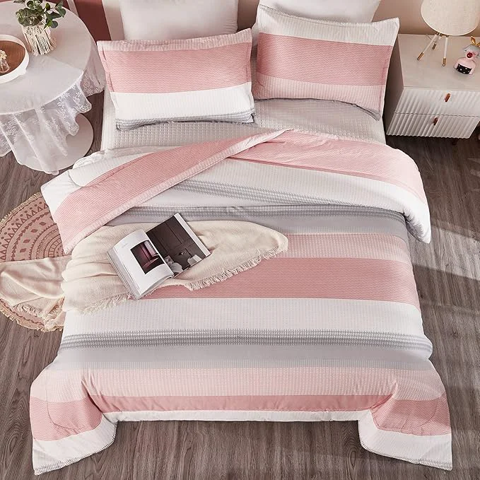 User-Friendly Litanika Pink California King Comforter Set – 3 Pieces Blush Cal King Oversized Lightweight Summer Colorblock Stripe Bedding Set 104x96In 2 Pillowcases Sustainable