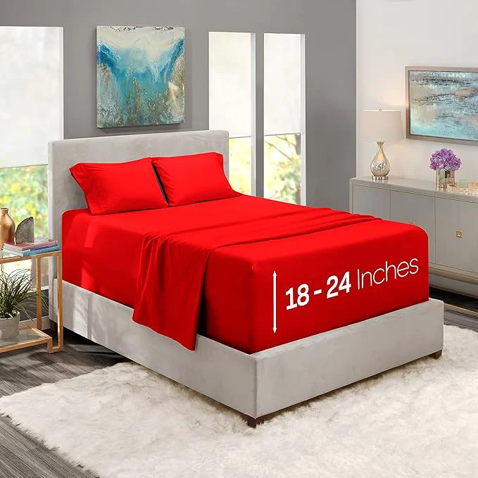 High-Performance Nestl Twin XL Size Sheet Set 4 Piece Extra Deep Pocket 18-24 inches Microfiber Hotel Luxury Soft Breathable Wrinkle- Easy to Care Red Genuine