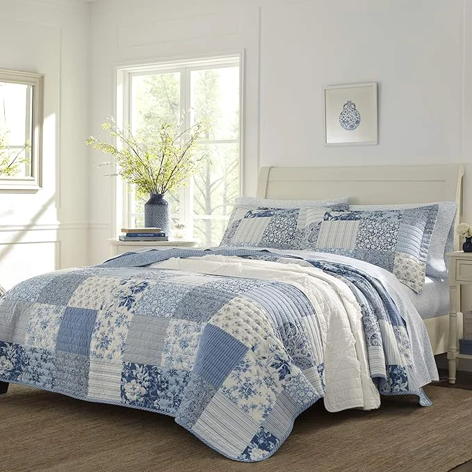 Exclusive Laura Ashley – King Quilt Set Reversible Cotton Bedding with Matching Shams Farmhouse Inspired Home Decor Paisley Printed Patchwork Blue King Original