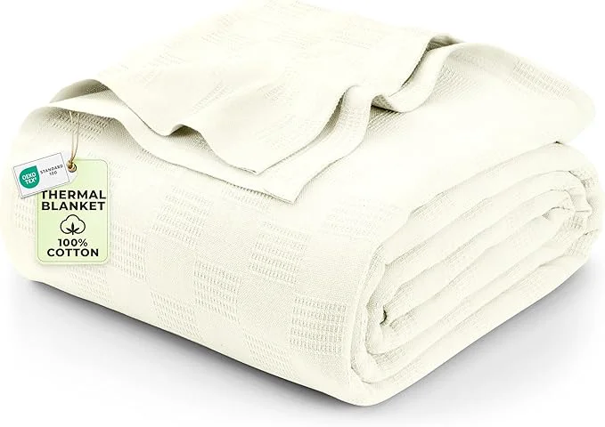 Authentic Utopia Bedding Ivory Cotton Blanket Queen Size – 90×90 Inch Lightweight Soft and Breathable Thermal Blanket for All Seasons Classic
