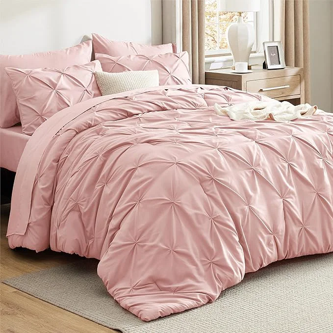 Clean Bedsure King Size Comforter Set Pink – Bed in a Bag Bedding Set 7 Pieces GentleSoft™ Pintuck Bed Set Gift for Family Pinch Pleat Pink Comforter with Sheets Pillowcases amp Shams World-Class