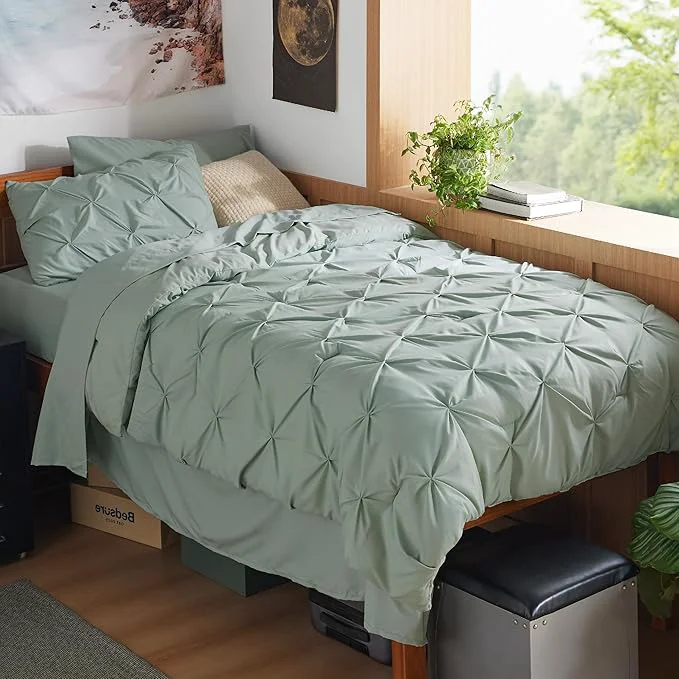 Long-Lasting Bedsure Twin XL Comforter Set – Extra Long 5 Pieces Dorm Bedding Sets GentleSoft™ Pinch Pleat Sage Green Bed in a Bag with Pintuck Comforter Sheets Pillowcase amp Sham High-Grade