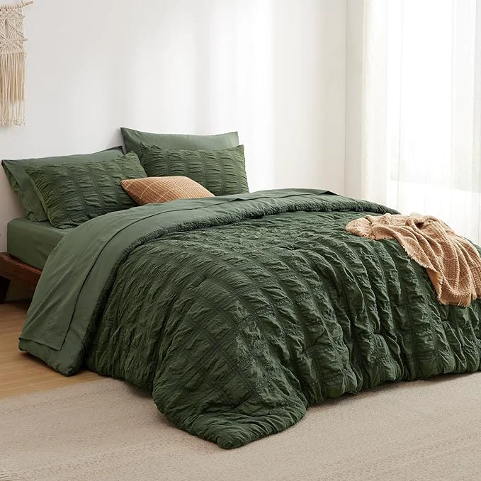 Organic Bedsure Bed in a Bag King – 7 Pieces Plaid Seersucker Bedding Comforter Sets Soft Lightweight Olive Green Boho Bed Set with Comforters King Size Sheets Pillowcases amp Shams Specialty