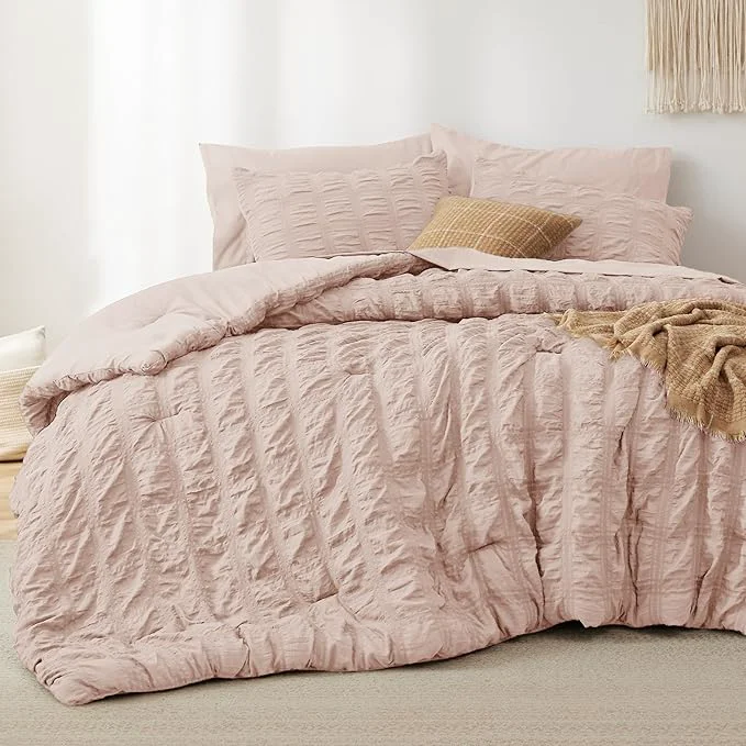Original Bedsure Bed in a Bag Full – 7 Pieces Plaid Seersucker Bedding Comforter Sets Soft Lightweight Rose Dust Boho Bed Set with Comforters Full Size Sheets Pillowcases amp Shams Proven
