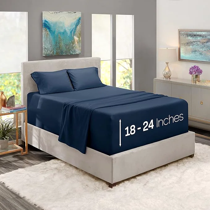 Elegant Nestl Twin Size Sheet Set 4 Piece Extra Deep Pocket 18-24 inches Microfiber Hotel Luxury Soft Breathable Wrinkle- Easy to Care Navy Blue Premium