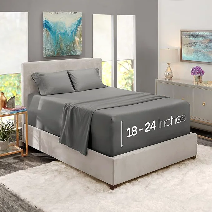 Secure Nestl King Size Sheet Set 4 Piece Extra Deep Pocket 18-24 inches Microfiber Hotel Luxury Soft Breathable Wrinkle- Easy to Care Grey First-Class