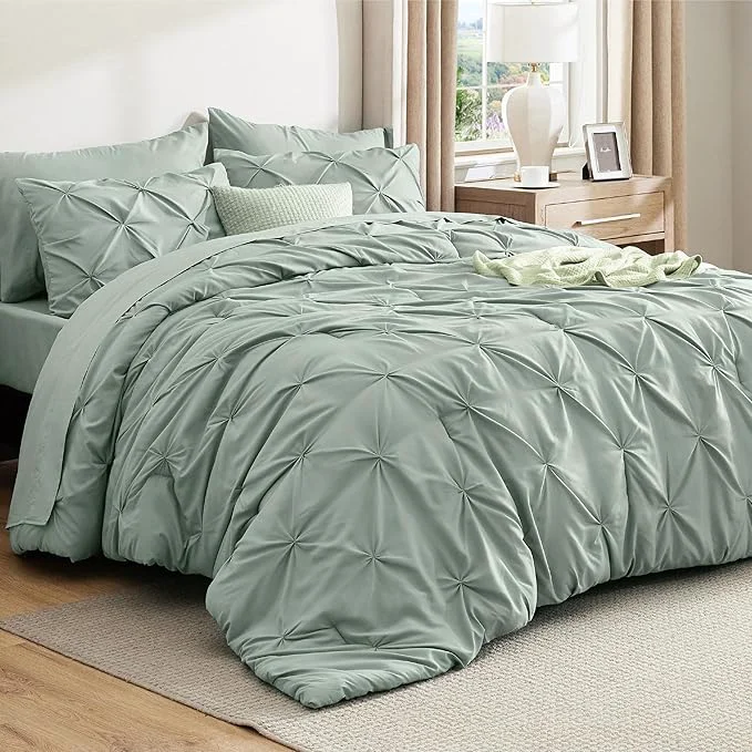 Outstanding Bedsure Oversized Queen Comforter Set Sage Green – Bed in a Bag Bedding Set 7 Pieces GentleSoft™ Pintuck Bed Set Gift for Family Pinch Pleat All Season Comforter with Sheets Pillowcases amp Shams Secure
