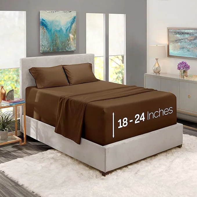 Professional Nestl Twin Size Sheet Set 4 Piece Extra Deep Pocket 18-24 inches Microfiber Hotel Luxury Soft Breathable Wrinkle- Easy to Care Chocolate Brown Casual