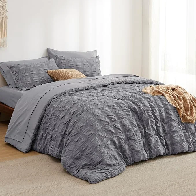 Practical Bedsure Bed in a Bag Queen – 7 Pieces Plaid Seersucker Bedding Comforter Sets Soft Lightweight Grey Boho Bed Set with Comforters Queen Size Sheets Pillowcases amp Shams Casual