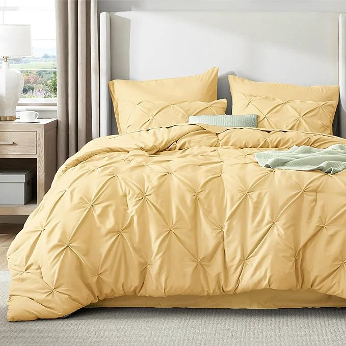 Efficient Bedsure California King Comforter Set Yellow – Bed in a Bag Cal King Bedding Set 7 Pieces GentleSoft™ Pintuck Bed Set Gift for Family Pinch Pleat Yellow Comforter with Sheets Pillowcases amp Shams Effective