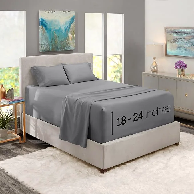 Safe Nestl Full Size Sheet Set 4 Piece Extra Deep Pocket 18-24 inches Microfiber Hotel Luxury Soft Breathable Wrinkle- Easy to Care Grey Fast