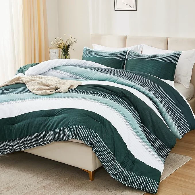 Recyclable Litanika Dark Emerald Green Bed Comforter Queen Set 3 Pieces Forest Bedding Set Double Colorblock Stripe Vintage Bed Set 90x90Comforter 2 Pillowcases Smart