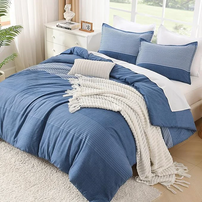Casual Litanika Comforter Set Super King Size Sapphire Blue – 3 Pieces Lightweight Sapphire Blue White Colorblock Stripe Fluffy Bedding Comforter Sets All Season Bed Set High-Performance