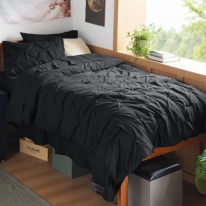 Exceptional Bedsure Twin XL Comforter Set – Extra Long 5 Pieces Dorm Bedding Sets GentleSoft™ Pinch Pleat Black Bed in a Bag with Pintuck Comforters Sheets Pillowcase amp Sham Safe