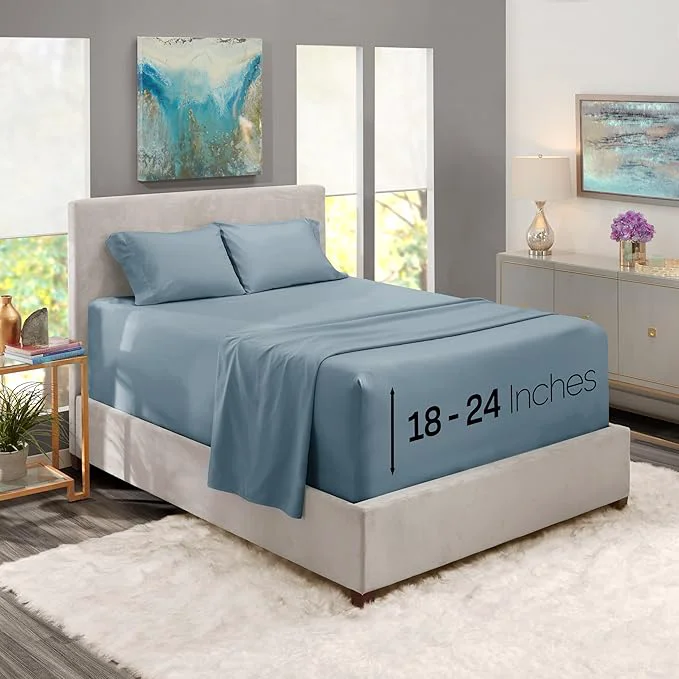 Long-Lasting Nestl King Size Sheet Set 4 Piece Extra Deep Pocket 18-24 inches Microfiber Hotel Luxury Soft Breathable Wrinkle- Easy to Care Stone Blue Certified