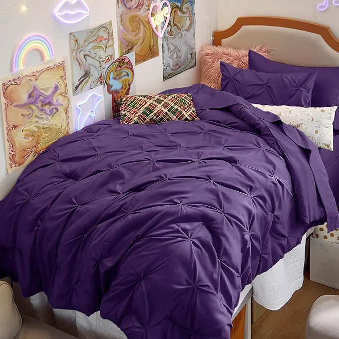High-Grade Bedsure Twin XL Comforter Set – Extra Long 5 Pieces Dorm Bedding Sets GentleSoft™ Pinch Pleat Purple Bed in a Bag with Pintuck Comforter Sheets Pillowcase amp Sham Convenient
