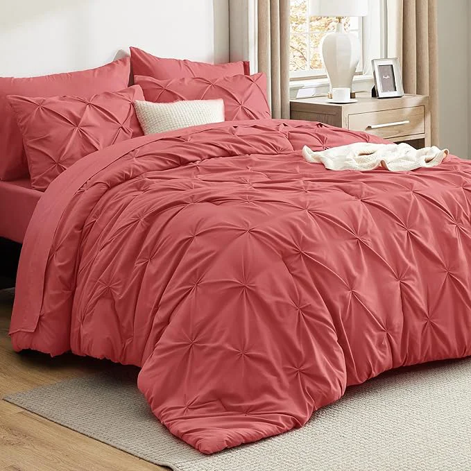 Advanced Bedsure Full Comforter Set Coral Red – Bed in a Bag Full Size Bedding Set 7 Pieces GentleSoft™ Pintuck Bed Set Gift for Family Pinch Pleat All Season Comforter with Sheets Pillowcases amp Shams Classic
