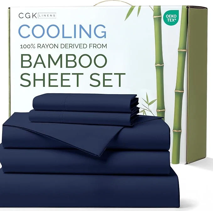 Solid Rayon Derived From Bamboo – Bamboo Sheets Split King Size – Cooling Sheets for Split King – Ultra Soft Hotel Luxury Bedding – 1 Flat amp 2 Fitted amp 2 Pillowcases w 16 Inch Deep Pockets – Navy Blue Expertly Made