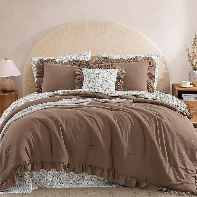 Outstanding Full Comforter Set – 7 Pieces Ruffle Amber Brown Bedding Sets Shabby Chic Farmhouse Bed in a Bag with Ruffle Comforter Floral Sheets Pillowcases amp Shams Superior