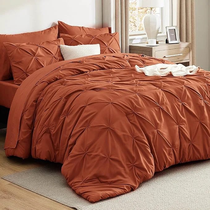 Elegant Bedsure Queen Comforter Set Burnt Orange – Bed in a Bag Queen Size Bedding 7 Pieces GentleSoft™ Pintuck Bed Set Gift for Family Pinch Pleat Burnt Orange Comforter with Sheets Pillowcases amp Shams Stylish